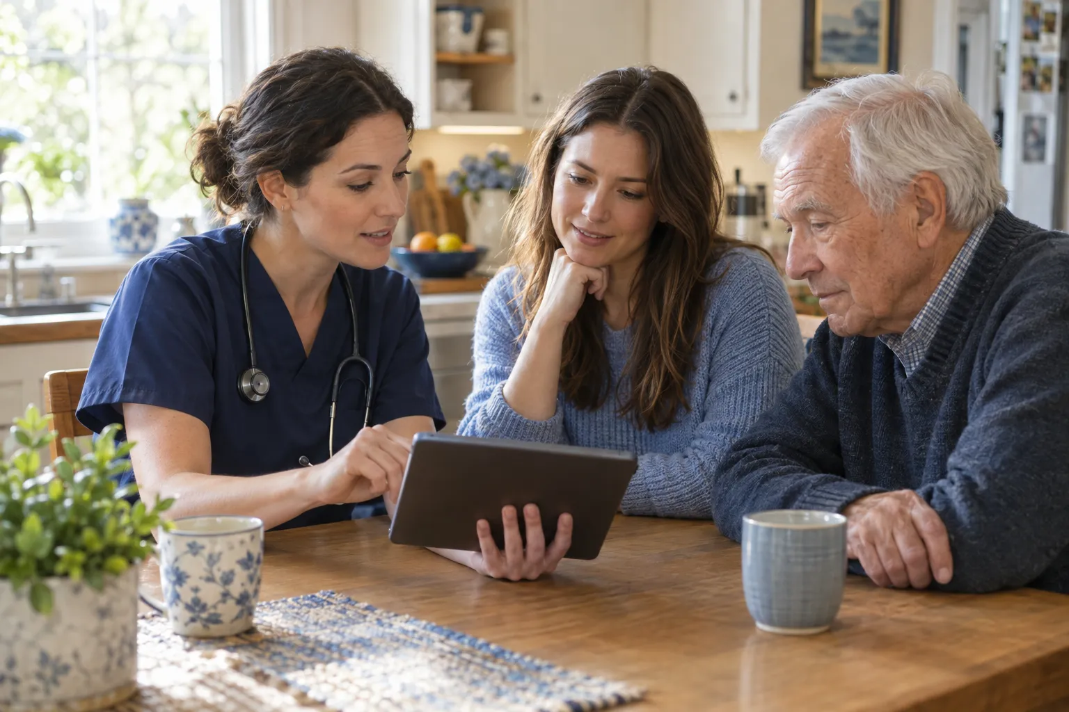 A nurse reviews a care plan on a tablet with a woman and her elderly father at the kitchen table