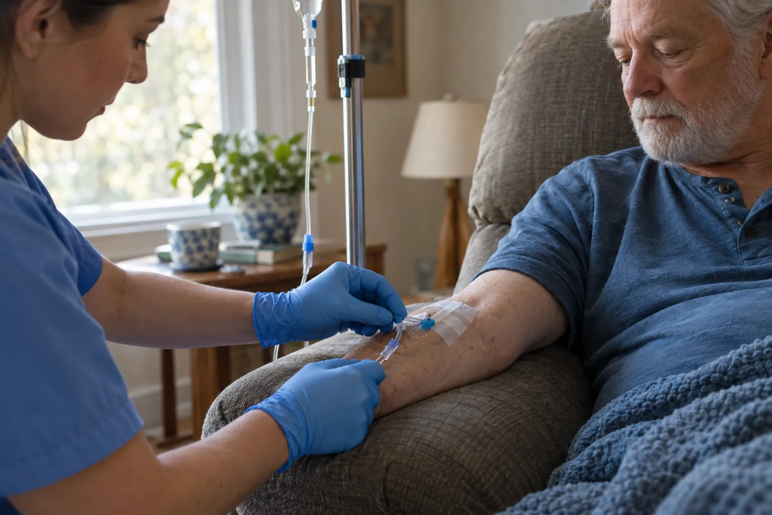 A nurse's gloved hands adjust an IV line for a man resting at home